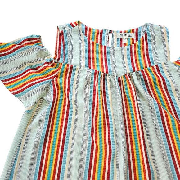 Monteau Striped Open Shoulder Top With Ruffled Sleeves size Large - Picture 2 of 13
